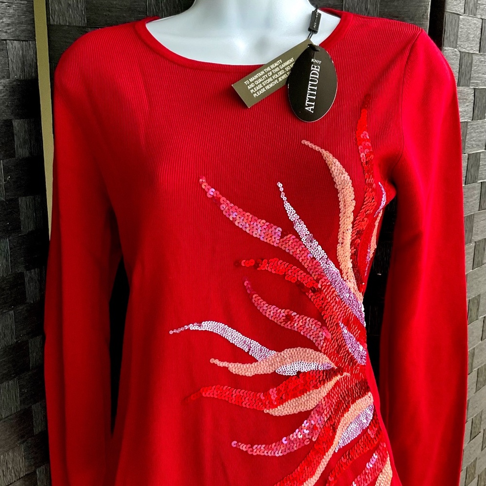 Attitude sweater with sequins Sz S Red NWT